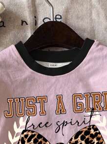 SHEIN Leap Crew 2pcs Set Tween Girls Casual Leopard Bow, Girl English Letter Print Short Sleeve T-Shirt And Shorts Set, Summer - Multicolor - View 5