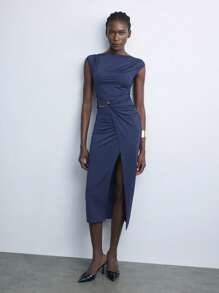 Maija Váy midi dệt kim thanh lịch, sang trọng, dự tiệc mùa thu/đông mới dành cho nữ, màu đỏ tía/xanh navy, tay ngắn, thắt lưng kim loại, váy công sở duyên dáng - Màu xanh lam - Xem 9