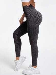 Easithlete 罗纹无缝高腰运动瑜伽紧身裤 - 深灰色 - 查看 7