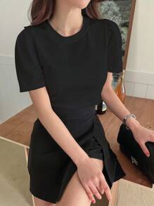DAZY Solid Round Neck Tee,Crop Tops Women - Black - View 6