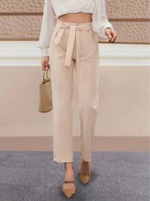 SHEIN Cottnline Women's Solid Color Minimalist Style Trousers, Suitable For Summer - Beige - View 4