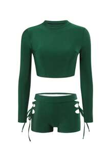 Swim SPRTY Women Solid Color Sexy Backless Crew Neck Long Sleeve Top And Side Tie Bottom Rashguard Set, Swimsuit For Surfing And Festivals, Boho Style, For Summer Beach Vacation