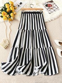 Chiquease 女式休闲纯色条纹松紧腰带黑色腰带 A 字裙，春夏