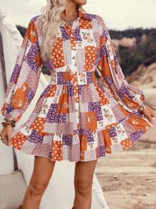 LanaWest Women's Country Music Festival Puff Sleeve Boho Waist Gathered V-Neck Batwing Loose Hem Shirt Mini Dress