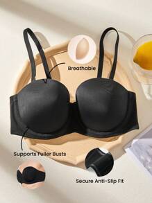 LUVLETTE Plus Woman Lingerie Black Breathable Strapless No-Show Seamless Push-Up Underwire T-Shirt Lingerie As Outerwear Basic Half Bra