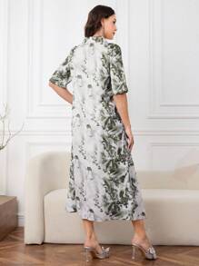 Lacomfia Women Loose Ink Painting Pattern Short Sleeve Dress - Army Green - View 2