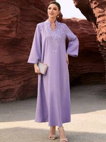 Layrah Women's Rhinestone Decor V-Neck Long Sleeve Arabic Traditional Dress, Modest Kaftan - Mauve Purple - View 6