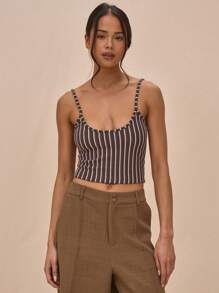 MUSERA Scoop Neck Strap Pinstripe Fitted Cropped Cami Top Cute Sexy Spring Summer Vacation Summer Casual Fall