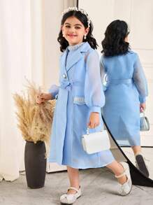 SHEIN 2pcs/Set Young Girl Elegant Lapel Collar Long Sleeve Belted Jacket & Sleeveless Dress Set - Blue - View 7
