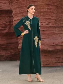 Layrah Handmade Moroccan Style Rhinestone Embellished Long Dress With Hood Kaftan Jalabiya Dress - Dark Green - View 4