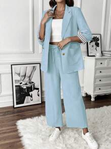 SHEIN Clasi Light Business Casual Button Colorblock Striped Sleeve Blazer Jacket & Drawstring Waist Elastic Pants Suit Set Fall Cloth For Women - Baby Blue - View 4
