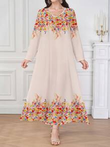 Al Najma Women's Floral Print V-Neck Long Sleeve Loose Arabic Style Dress,Modest - Multicolor - View 1