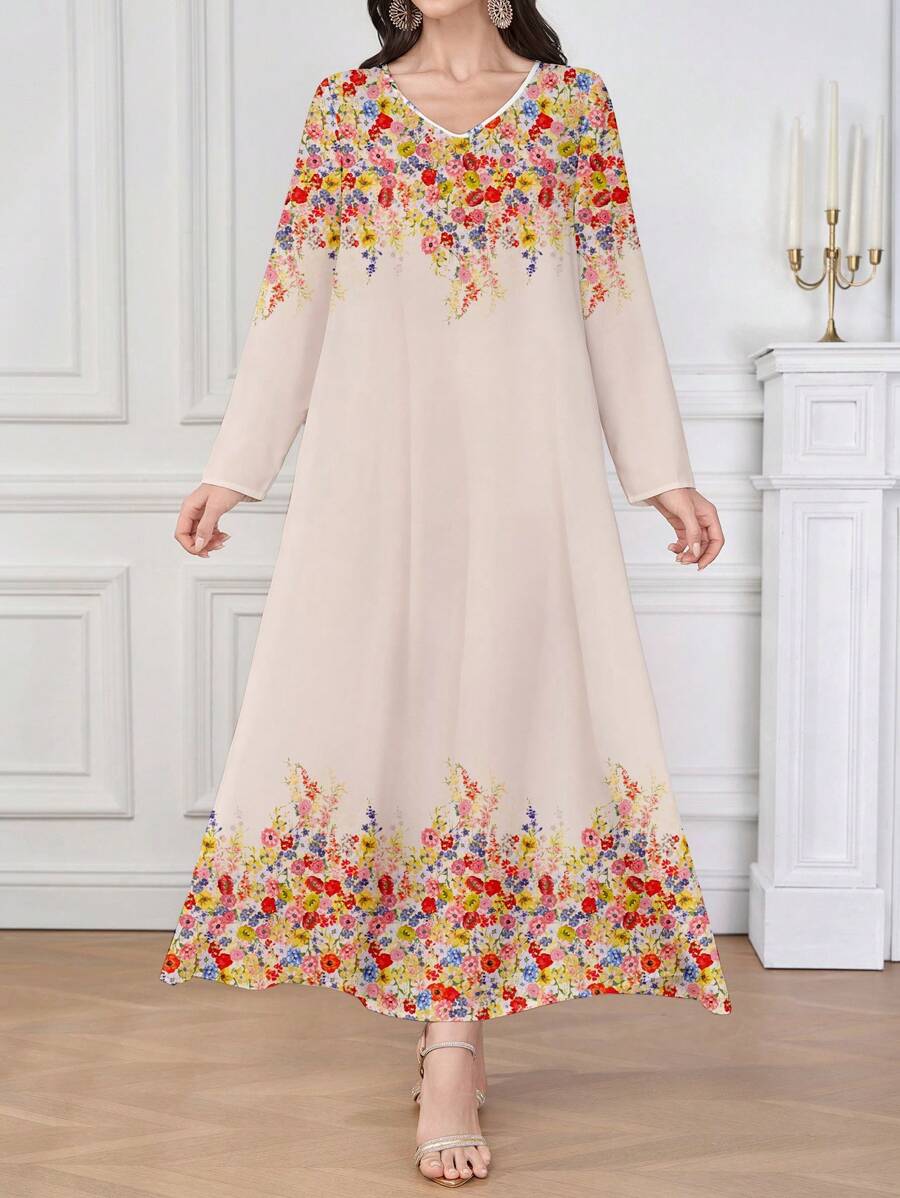 Al Najma Women's Floral Print V-Neck Long Sleeve Loose Arabic Style Dress,Modest - Multicolor - View 1