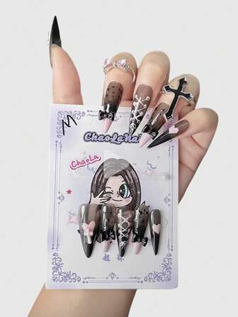 Anime Uñas postizas kawaii Y2K con corazón rosa, cruz gótica, textura romántica francesa y lazo, para Halloween