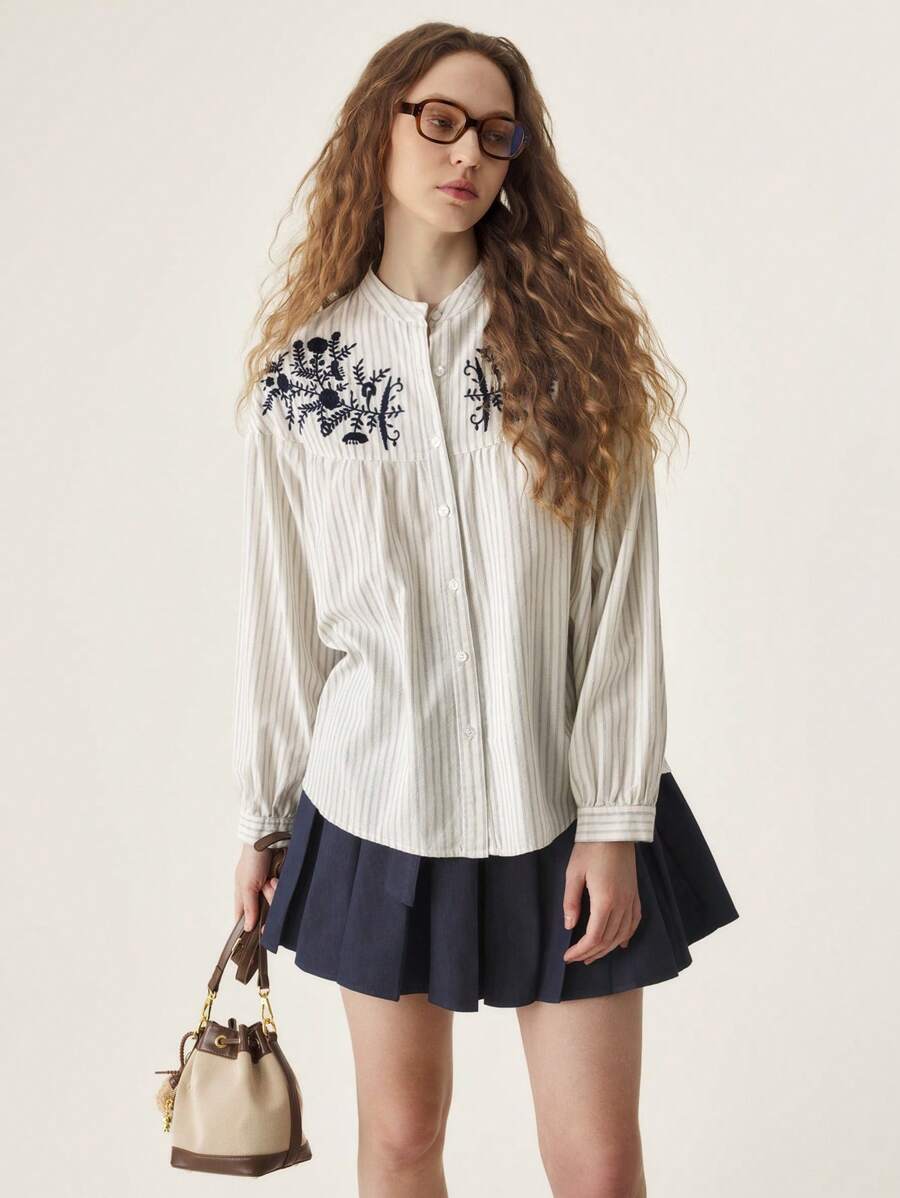 Muvela Casual Striped Floral Embroidery Long Sleeve Shirt For Spring/Autumn