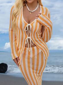 SHEIN Swim 女士镂空拼色系带和服罩衫，休闲春假夏季度假风格 - 橘色 - 查看 1