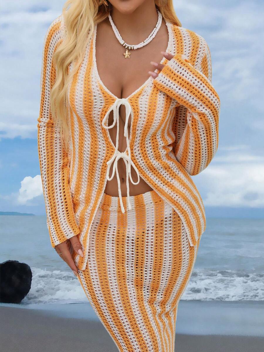 SHEIN Swim 女士镂空拼色系带和服罩衫,休闲春假夏季度假风格 - 橘色 - 查看 1