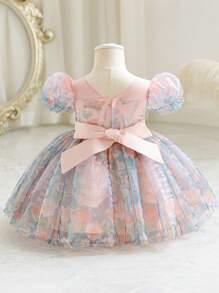 SHEIN Glamorique Kids 泡泡袖花卉印花公主薄纱连衣裙 - 粉色 - 查看 2