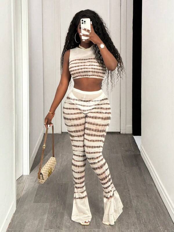 BamGleam Conjunto de 2 piezas de top corto y pantalones cortos de mujer a rayas con escote redondo semitransparente