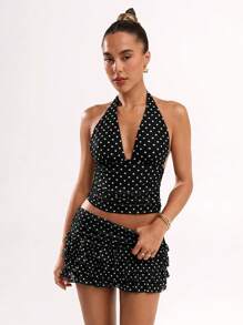 SHEIN BAE 女式波点印花层叠荷叶边下摆短裙，春夏时尚