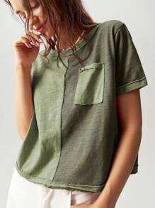 Bohemela Boho Vacation Casual Knit Color Block Round Neck Short Sleeve Loose T-Shirt For Women - Army Green - View 8