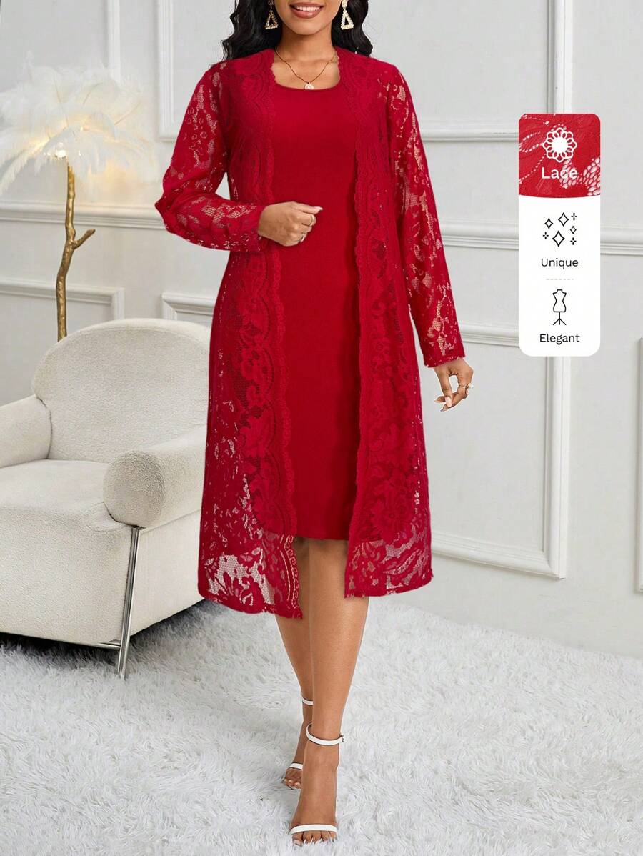 SHEIN Lady 2 件女士时尚优雅蕾丝夹克和白色紧身连衣裙套装 - 酒紅色 - 查看 1