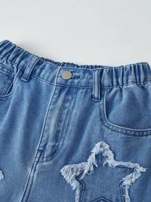 Tween Girl Star Pattern Minimalist Fashion Denim Shorts - Medium Wash - View 6
