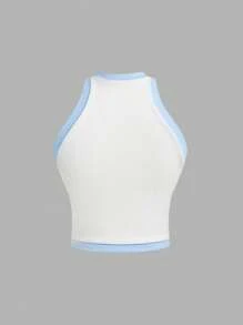 SHEIN MOD Áo ba lỗ không tay cổ tròn có nút trang trí màu xanh và trắng dành cho nữ đi chơi đêm - Xanh và trắng - Xem 2