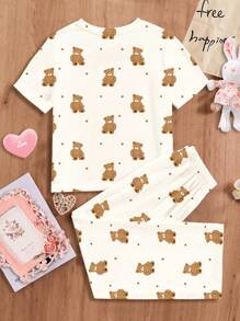 SHEIN Leap Crew 可爱熊图案少女休闲简约圆领短袖 T 恤和宽松长裤家居服，适合春夏季 - 彩色 - 查看 2