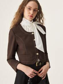 Muvela Women's Plain Color Long Sleeve Casual Stylish Jacket - Coffee Brown - View 7