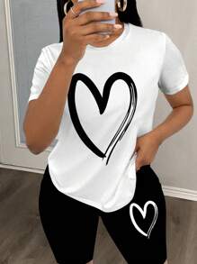 Slaydiva 2 sztuki/zestaw Damski swobodny prosty serek graficzny luźny krój okrągły dekolt krótki rękaw, odpowiedni na lato