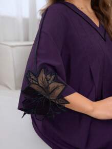 Al Najma 加大撞色蕾丝蝙蝠袖连衣裙，全长宽松长款卡夫坦连衣裙，适合春夏季，端庄 - 紫色 - 查看 7