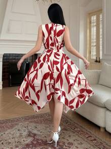 DAZY 夏季女士V领无袖不对称下摆印花中长连衣裙，休闲女士连衣裙，复活节长款连衣裙 - 紅色 - 查看 2