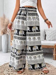 SHEIN Clasi 大码女式情人节梭织撞色印花休闲阔腿裤，夏季、狂欢、节日春假波西米亚风 - 彩色 - 查看 3