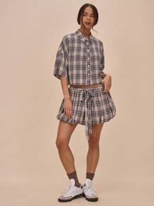 MUSERA Boxy Fit Collared Button Up Plaid Flannel Cropped Mid Sleeve Shirt Spring Summer Cute Street Style