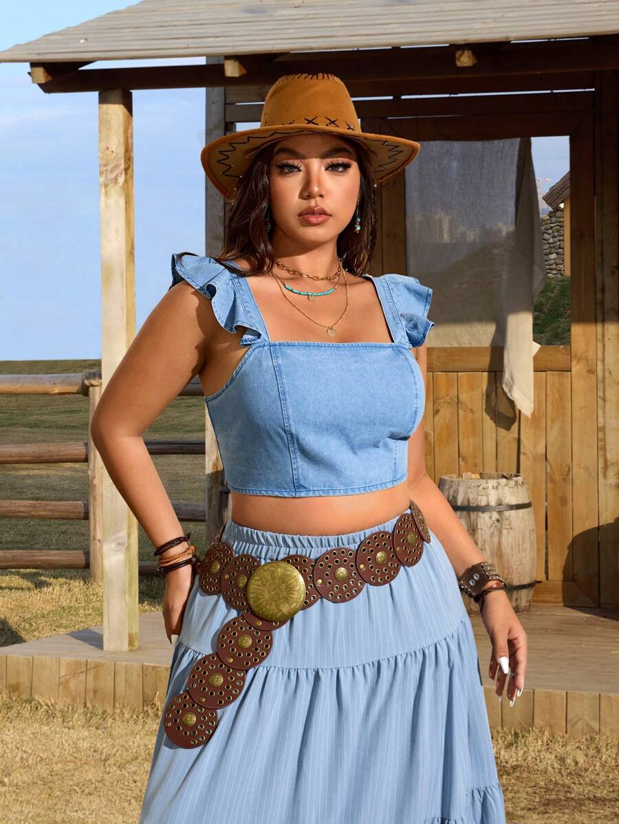 Breezaya Plus Size Women Western Wear Denim Ruffle Trim Casual Top