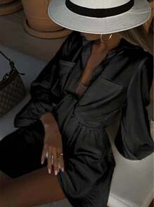 Chiquease 1 套女士法式休闲纯色衬衫和短裤 - 黑色 - 查看 2