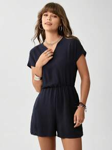 SHEIN LUNE 女性時尚純色簡約腰帶連身褲 - 藏蓝色 - 查看 2