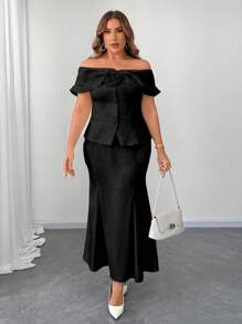 Franclia Plus Size Women 1-Shoulder Top With Floral Decor And Mermaid Hem Skirt 2 Pieces Set