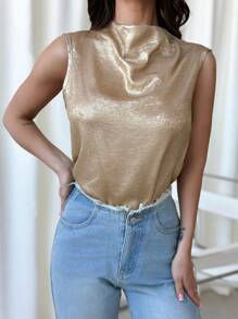 Firerie Spring/Summer New Valentine's Day Stand Collar Sleeveless Pleated Shoulder Short Gold Velvet Fitted Elegant Office Shirt,Graduation,Teacher Outfits For Women,Back To School