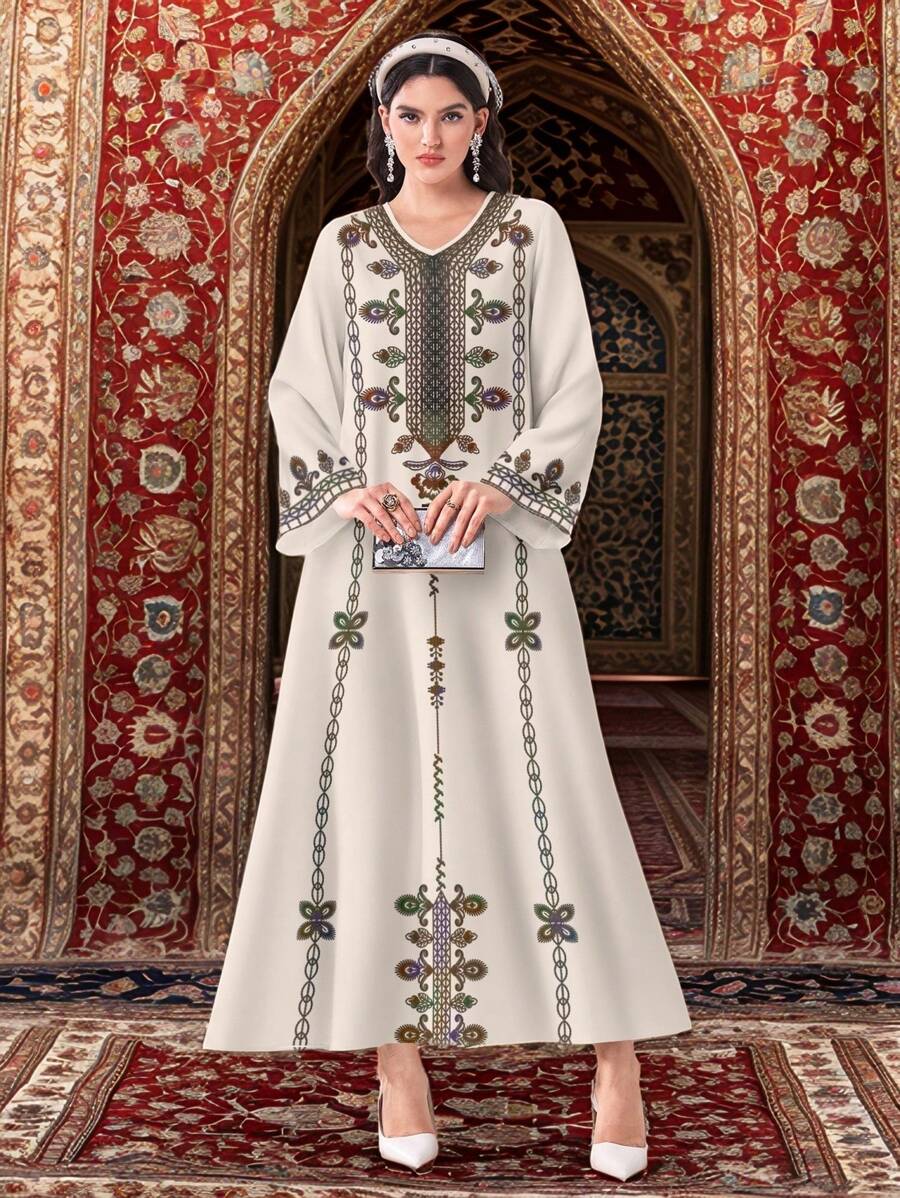 Al Najma 休闲朴素花卉印花 V 领长袖阿拉伯连衣裙 - 白色 - 查看 1