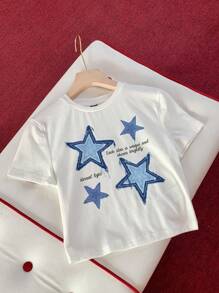 SHEIN Comfortcana Áo thun nữ cổ tròn tay ngắn họa tiết ngôi sao năm cánh tối giản, giản dị, thích hợp mặc vào mùa hè - trắng - Xem 3