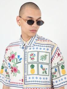 SUMWON 热带度假短袖纽扣衬衫花卉菠萝印花夏季度假海滩休闲夏威夷风格轻质领上衣 - 彩色 - 查看 4