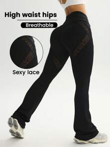 Easithlete 休闲高端复古豹纹网眼拼布紧身弹力修身运动/健身紧身裤，百搭修身优雅腰部塑身提臀，适合户外、瑜伽、日常穿着 - 黑色 - 查看 3