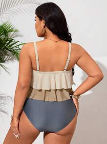 SHEIN Swim Curve Plus Size 2pcs Colorblock Knit High Waist Tankini Top & Bottom Set, Spaghetti Strap, Ruffled Hem, Slimming Mature Style Bikini - Multicolor - View 2