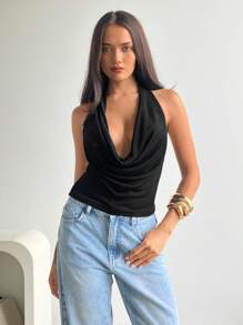 Aloruh Áo ba lỗ dệt kim hở lưng gợi cảm cho tiệc âm nhạc buổi tối đi chơi hàng ngày và hẹn hò vải lấp lánh màu trơn kỳ nghỉ cổ bẻ - màu đen - Xem 5