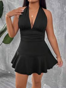 SHEIN PETITE CURVE Solid Color Halter Neck Backless Romper - Black - View 4