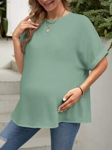 SHEIN 孕妇纯色圆领蝙蝠袖休闲宽松衬衫 - 綠色 - 查看 4