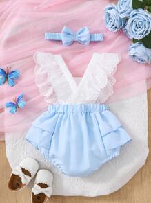 SHEIN Conjunto de 2 piezas de body con diadema para bebé niña, de nueva llegada para primavera-verano, con diseño floral hueco bordado en contraste de color blanco y azul, apropiado para uso diario y vacaciones de primavera-verano - Azul - Ver 2