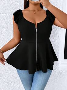 EMERY ROSE 大码女式荷叶边袖拉链休闲衬衫 - 黑色 - 查看 1